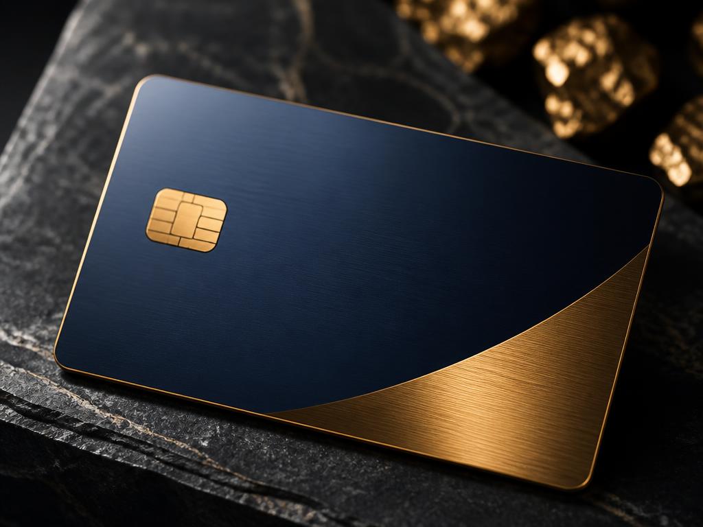 Navy and brass Fidelity Trust metal debit card on a dark stone surface